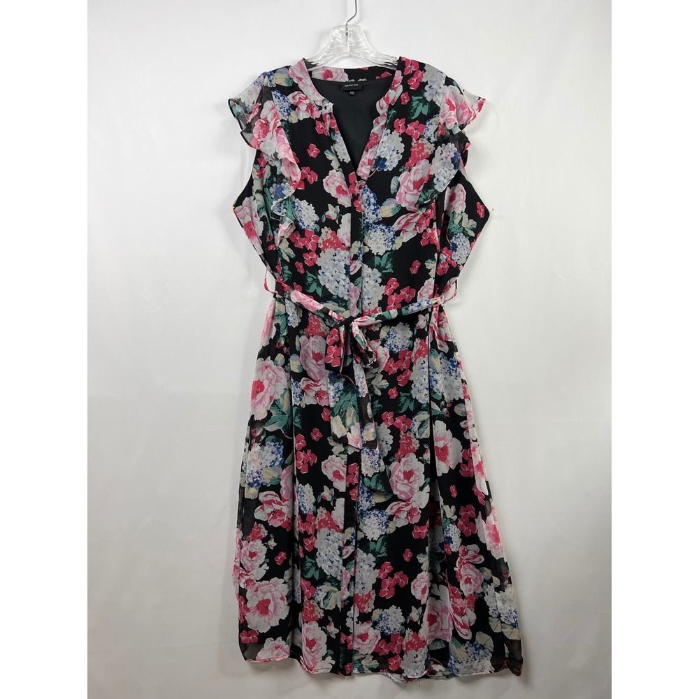Who What Wear Midi Dress Womens XXL Black Floral Ruffle Sleeveless Waist Tie